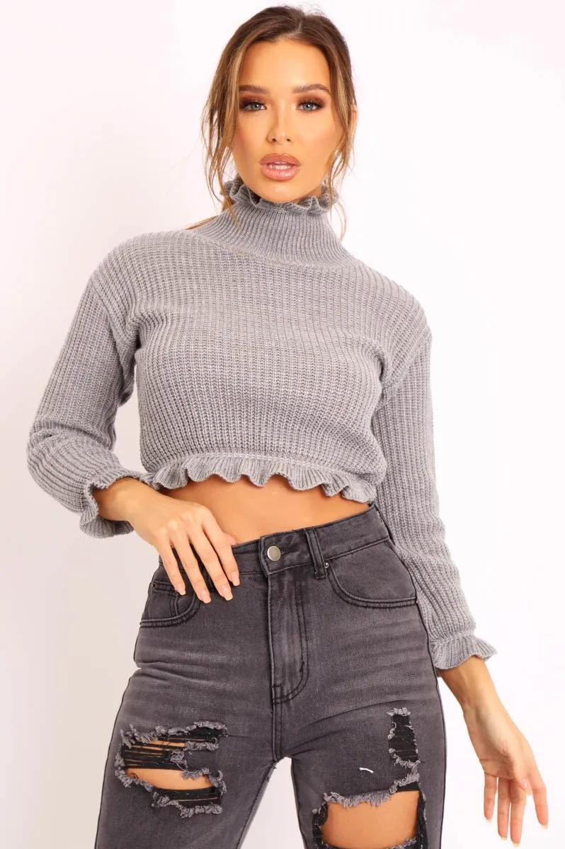 Grey Ruffle Hem Chunky Knit Crop Jumper - Alannah
