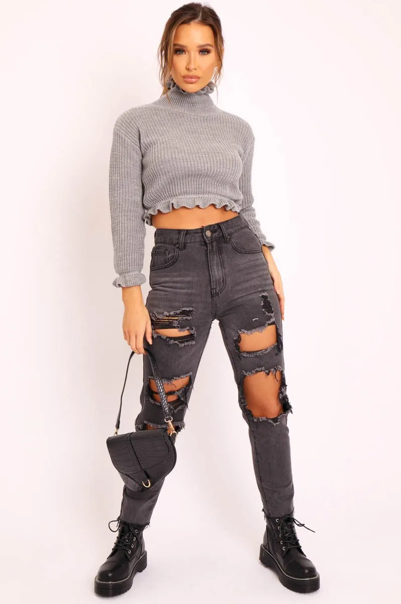 Grey Ruffle Hem Chunky Knit Crop Jumper - Alannah