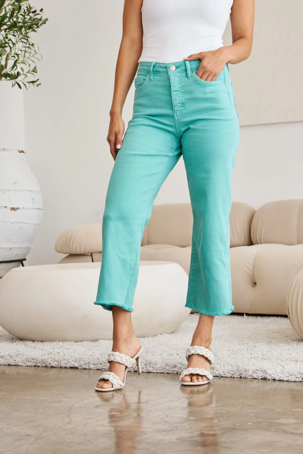 Hazel Blues® |  RFM Crop Chloe Tummy Control High Waist Raw Hem Jeans