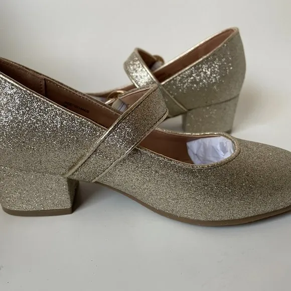 INC Kids_Devon Gold Glitter Beige Girls Dress Block Heel Pumps