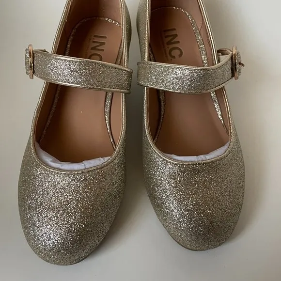 INC Kids_Devon Gold Glitter Beige Girls Dress Block Heel Pumps
