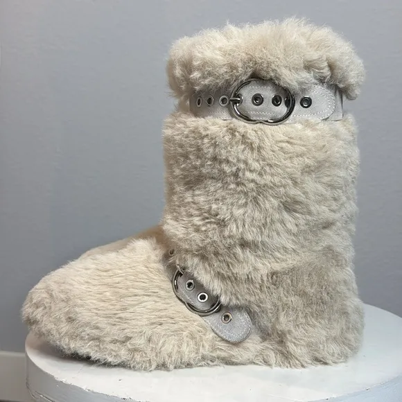 JEFFREY CAMPBELL FLUFFED UP TWO BUCKLE SUEDE STRAP FAUX FUR BOOT IN IVORY