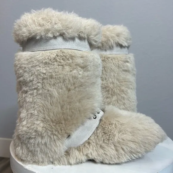 JEFFREY CAMPBELL FLUFFED UP TWO BUCKLE SUEDE STRAP FAUX FUR BOOT IN IVORY