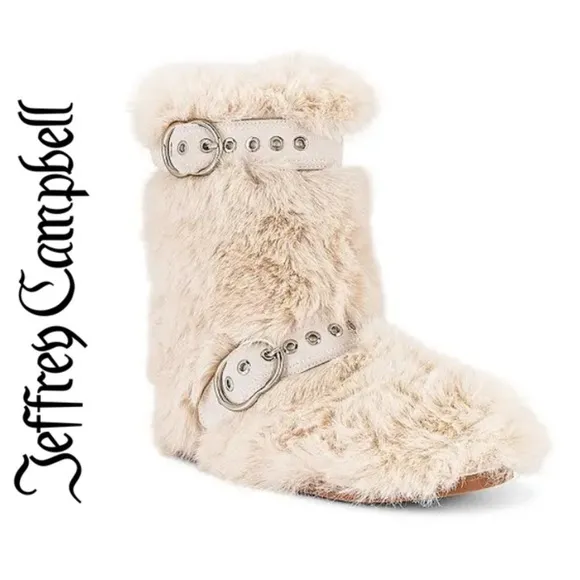 JEFFREY CAMPBELL FLUFFED UP TWO BUCKLE SUEDE STRAP FAUX FUR BOOT IN IVORY