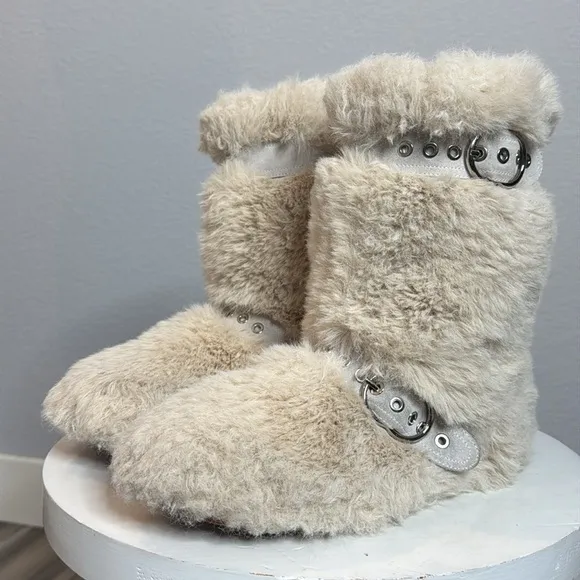 JEFFREY CAMPBELL FLUFFED UP TWO BUCKLE SUEDE STRAP FAUX FUR BOOT IN IVORY