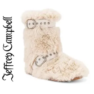 JEFFREY CAMPBELL FLUFFED UP TWO BUCKLE SUEDE STRAP FAUX FUR BOOT IN IVORY