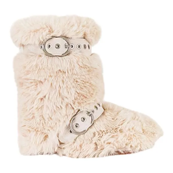 JEFFREY CAMPBELL FLUFFED UP TWO BUCKLE SUEDE STRAP FAUX FUR BOOT IN IVORY