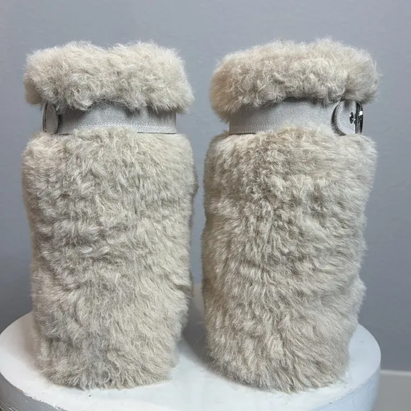JEFFREY CAMPBELL FLUFFED UP TWO BUCKLE SUEDE STRAP FAUX FUR BOOT IN IVORY