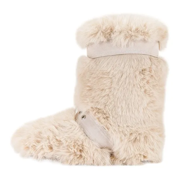 JEFFREY CAMPBELL FLUFFED UP TWO BUCKLE SUEDE STRAP FAUX FUR BOOT IN IVORY