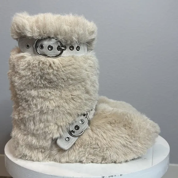 JEFFREY CAMPBELL FLUFFED UP TWO BUCKLE SUEDE STRAP FAUX FUR BOOT IN IVORY