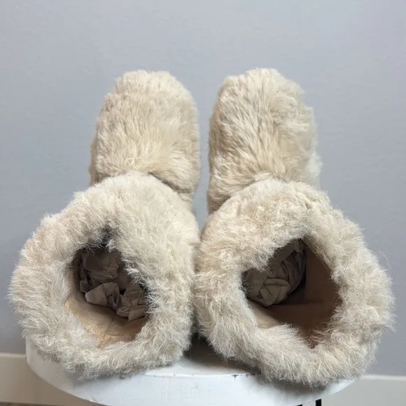 JEFFREY CAMPBELL FLUFFED UP TWO BUCKLE SUEDE STRAP FAUX FUR BOOT IN IVORY