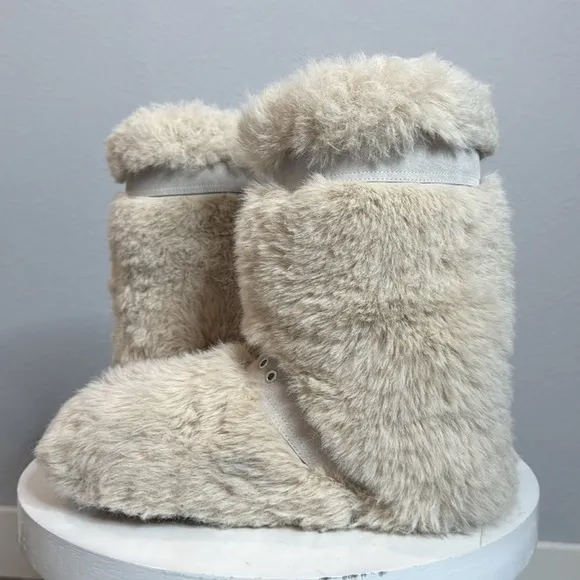 JEFFREY CAMPBELL FLUFFED UP TWO BUCKLE SUEDE STRAP FAUX FUR BOOT IN IVORY