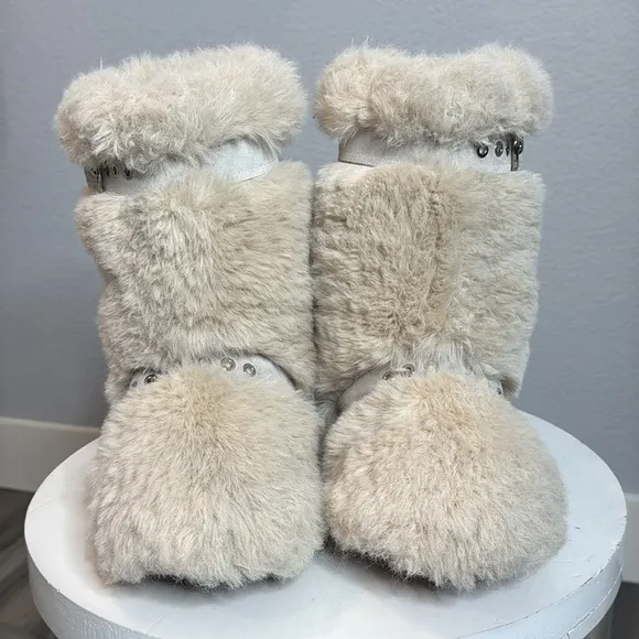 JEFFREY CAMPBELL FLUFFED UP TWO BUCKLE SUEDE STRAP FAUX FUR BOOT IN IVORY