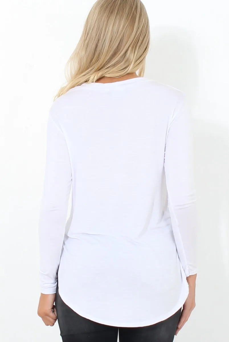 Kari White Slogan Curved Hem Top
