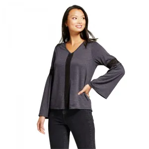 Knox Rose Women's Crochet Bell Sleeve Knit Blouse Shirt Top Grey XS