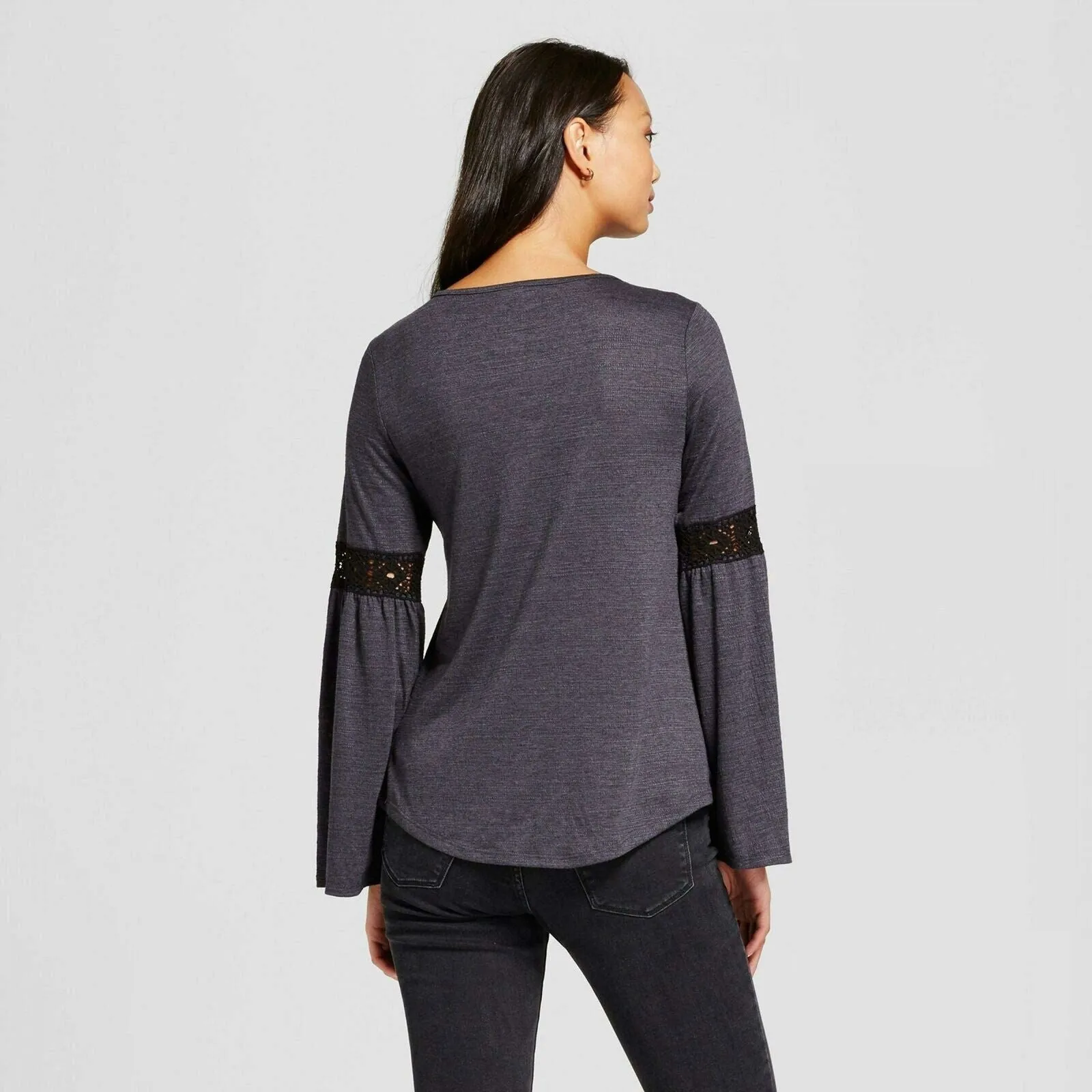 Knox Rose Women's Crochet Bell Sleeve Knit Blouse Shirt Top Grey XS