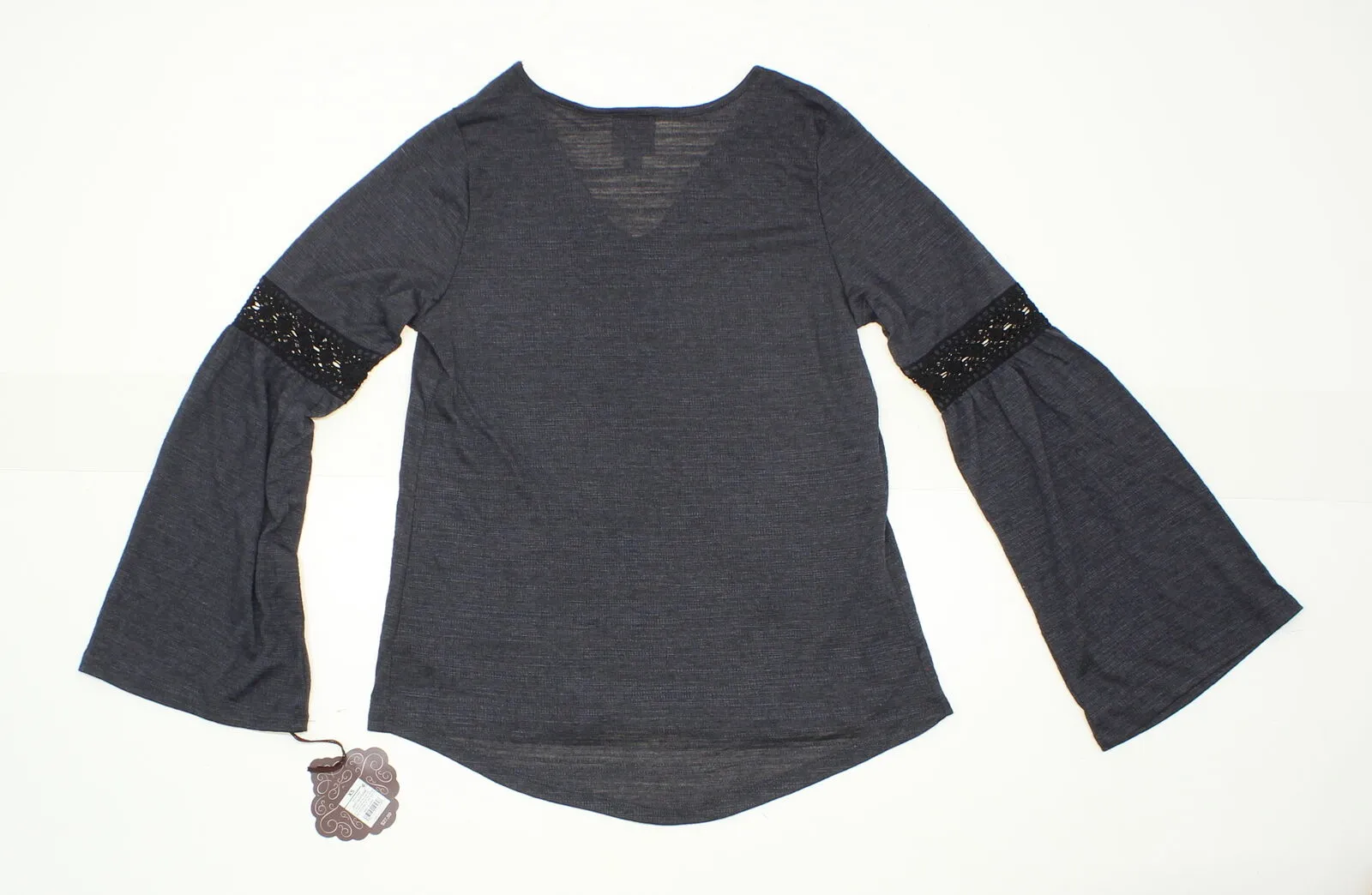 Knox Rose Women's Crochet Bell Sleeve Knit Blouse Shirt Top Grey XS