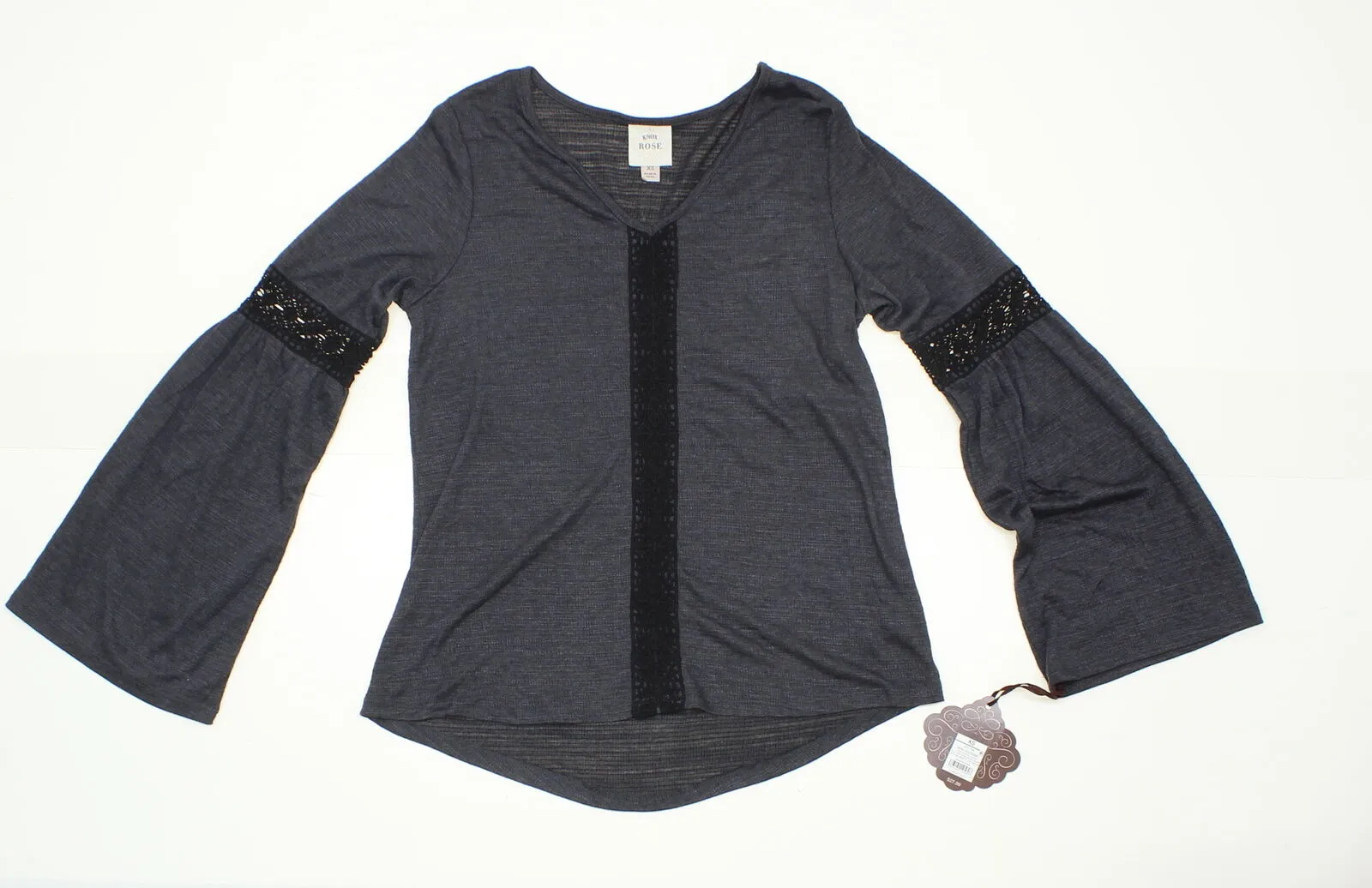 Knox Rose Women's Crochet Bell Sleeve Knit Blouse Shirt Top Grey XS