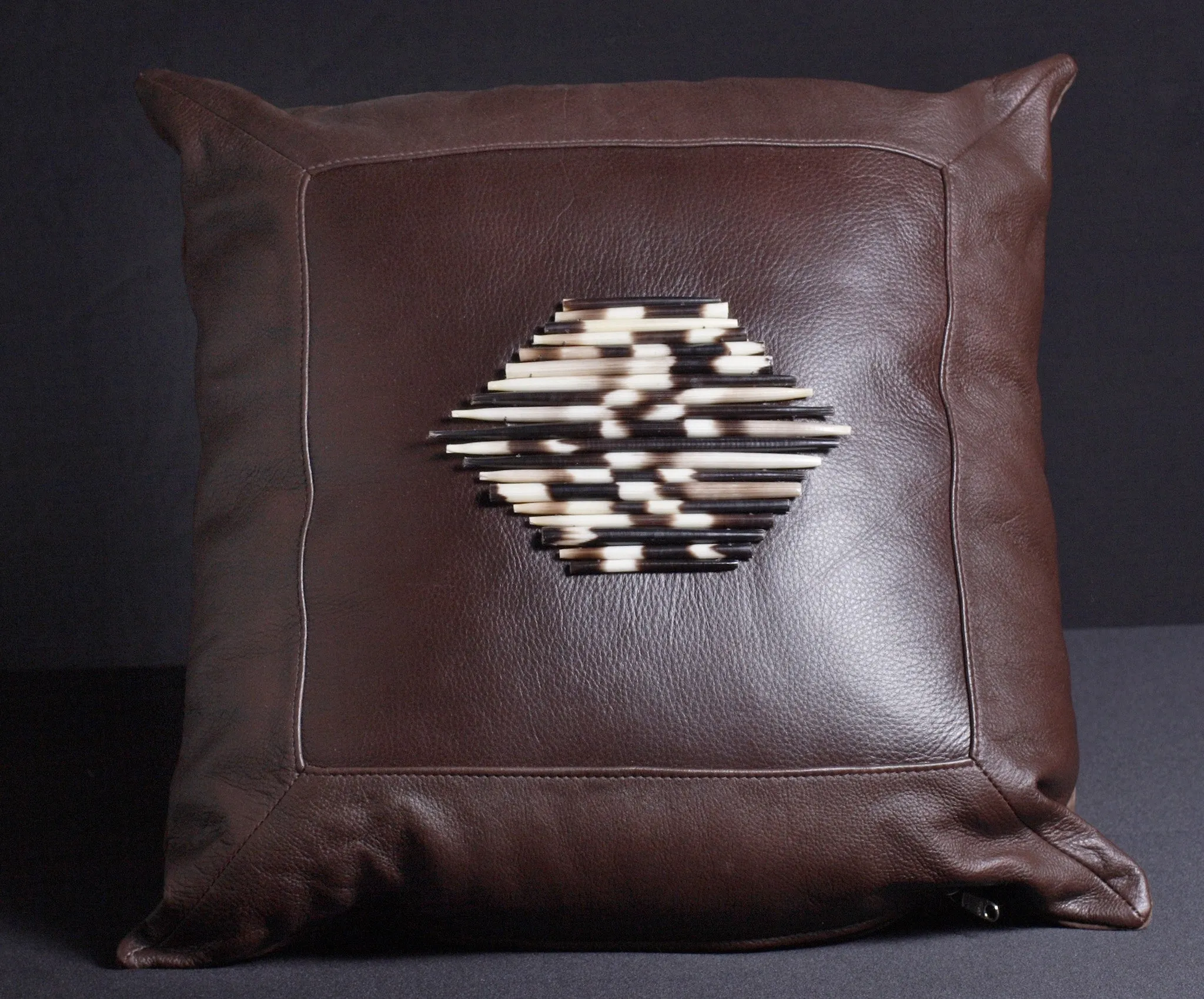 Leather Pillow Porcupine Quills Dark Chocolate