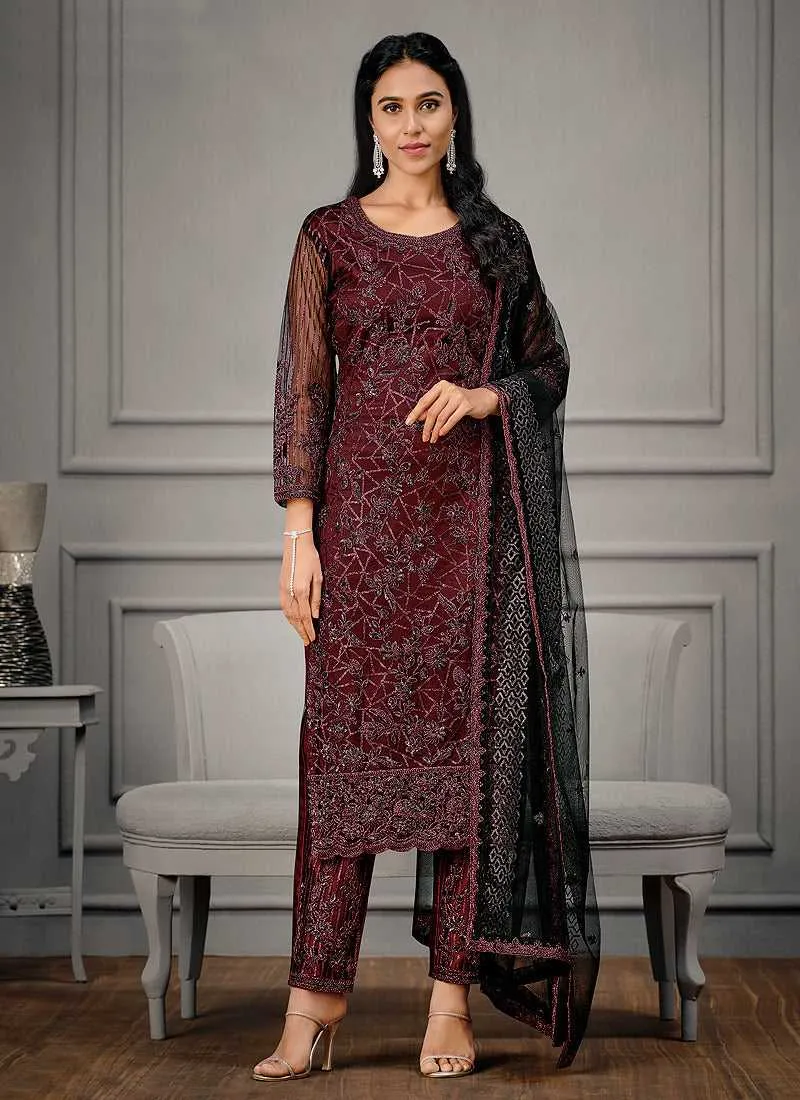 Maroon Heavy Embroidered Designer Stylish Pant Suit