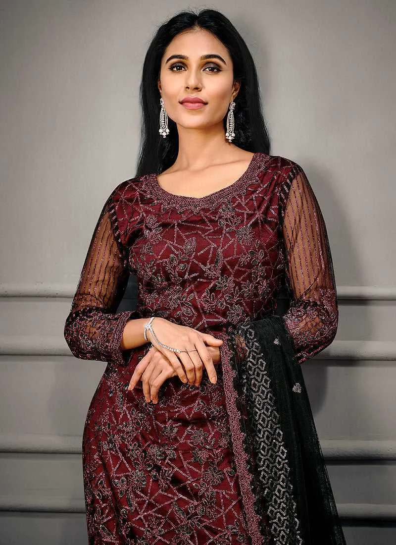 Maroon Heavy Embroidered Designer Stylish Pant Suit
