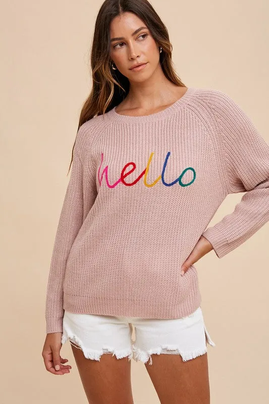 Mauve HELLO Embroidered Raglan Sleeve Sweater
