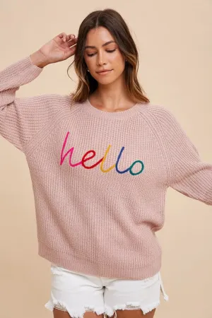 Mauve HELLO Embroidered Raglan Sleeve Sweater