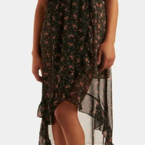 Modcloth Black Floral Cinematic Siren High Low Ruffle Dress