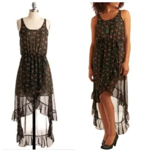 Modcloth Black Floral Cinematic Siren High Low Ruffle Dress