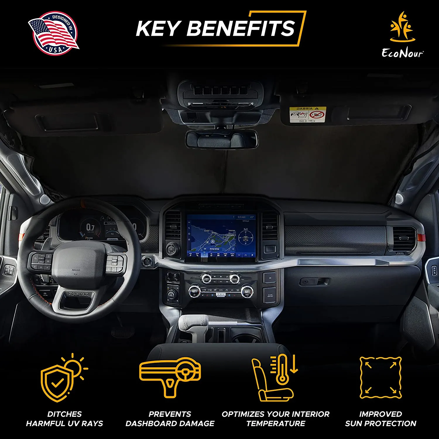 NEW EcoNour Car Windshield Sun Shade with Storage Pouch | Durable material for UV rays and heat protection | Car Interior Accessories for Sun Heat