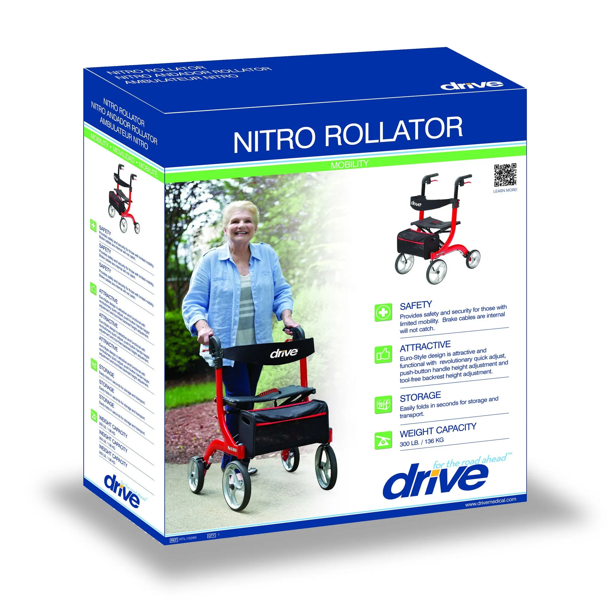 Nitro Aluminum Rollator, Hemi Height, 10" Casters