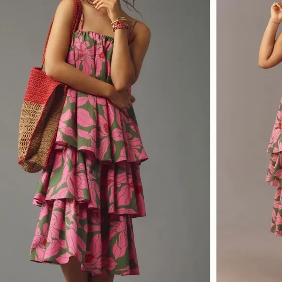 NWT Corey Lynn Calter Tie Shoulder Tiered Midi Dress
