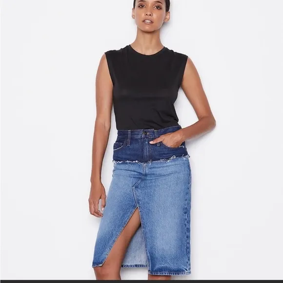 NWT FRAME Reconstructed Midi Denim Skirt Indigo Ombre Size 25