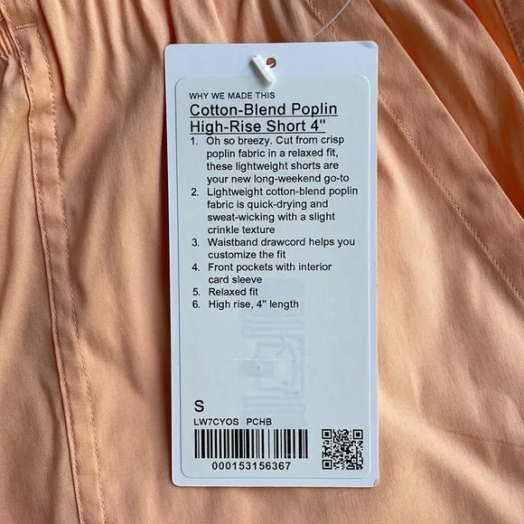 NWT Lululemon Cotton-Blend Poplin High-Rise Short 4&quot; - peach Bellini -size SMALL