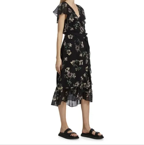 NWT Paige Palisades Floral Print Silk Midi Dress in Black Muti Size L