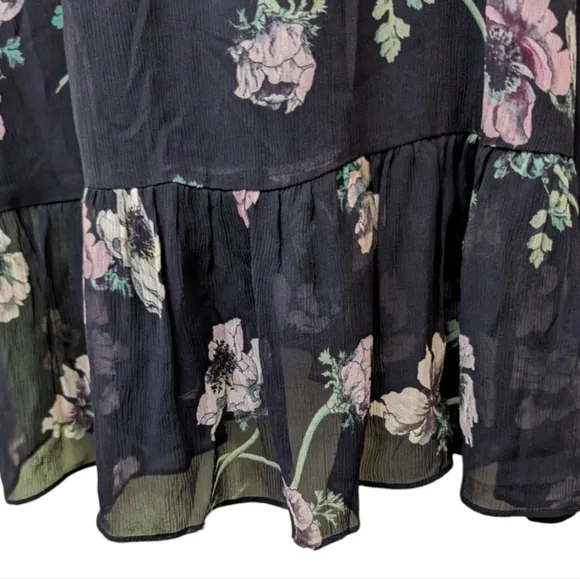 NWT Paige Palisades Floral Print Silk Midi Dress in Black Muti Size L