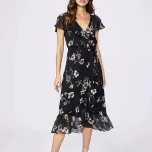 NWT Paige Palisades Floral Print Silk Midi Dress in Black Muti Size L