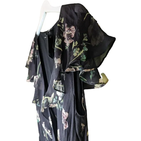 NWT Paige Palisades Floral Print Silk Midi Dress in Black Muti Size L