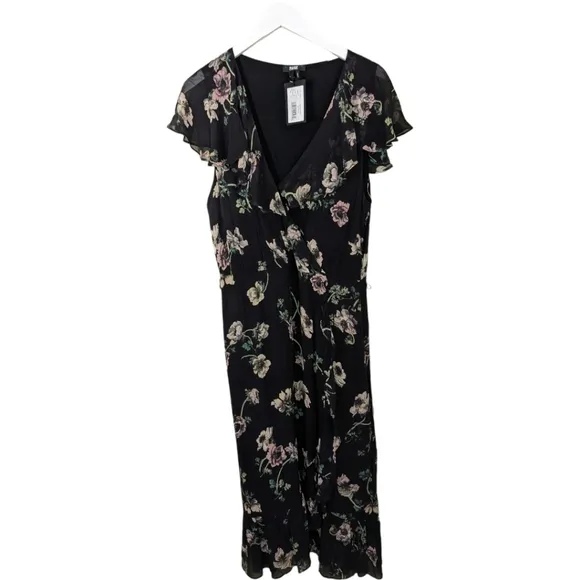 NWT Paige Palisades Floral Print Silk Midi Dress in Black Muti Size L