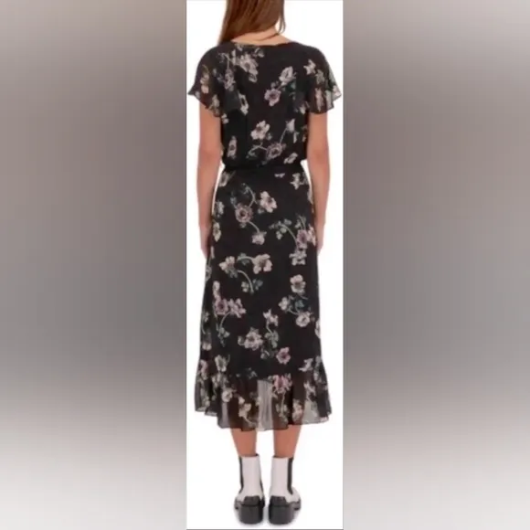 NWT Paige Palisades Floral Print Silk Midi Dress in Black Muti Size L