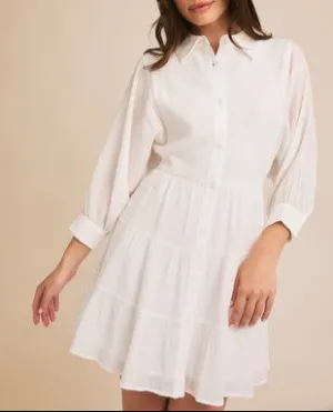 Opheliana White Cotton Balloon Sleeve Tiered Dress