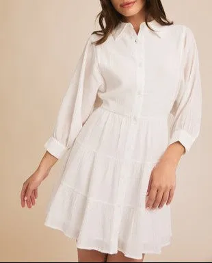 Opheliana White Cotton Balloon Sleeve Tiered Dress