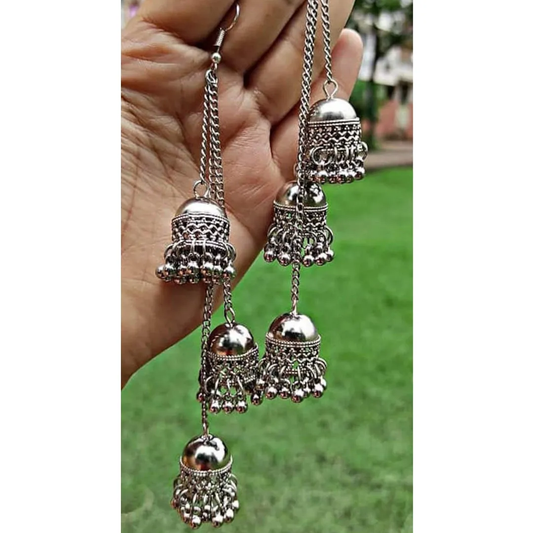 Pack of 2 Silver Ghungroo Layered and Mirror Jhumki