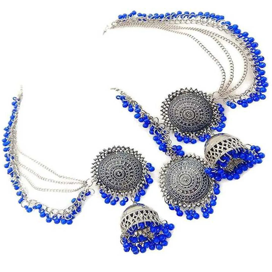 Pack of 2 Silver Red Blue Bahubali Jhumka With Maang Tikka