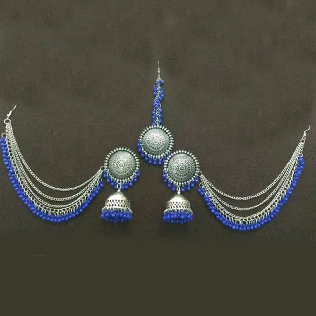 Pack of 2 Silver Red Blue Bahubali Jhumka With Maang Tikka