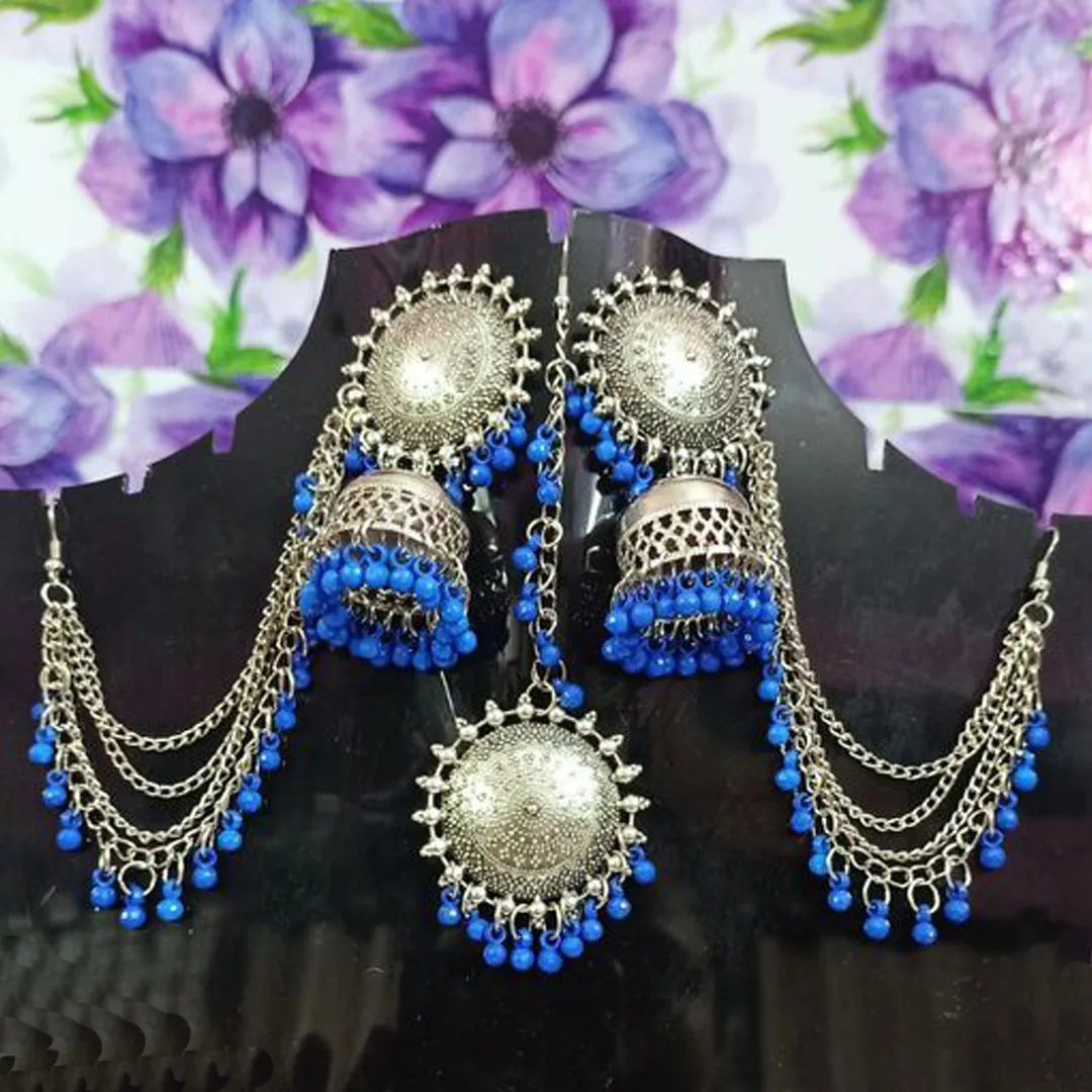 Pack of 2 Silver Red Blue Bahubali Jhumka With Maang Tikka