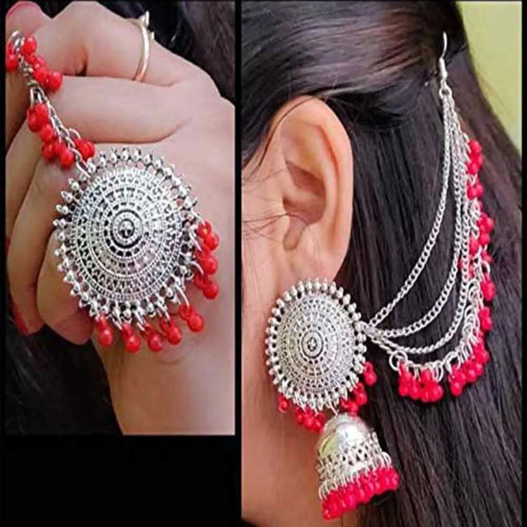 Pack of 2 Silver Red Blue Bahubali Jhumka With Maang Tikka