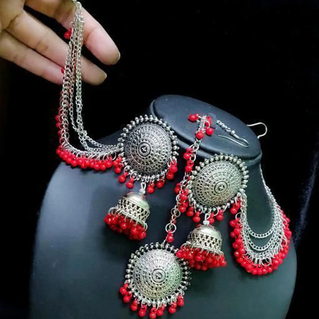 Pack of 2 Silver Red Blue Bahubali Jhumka With Maang Tikka