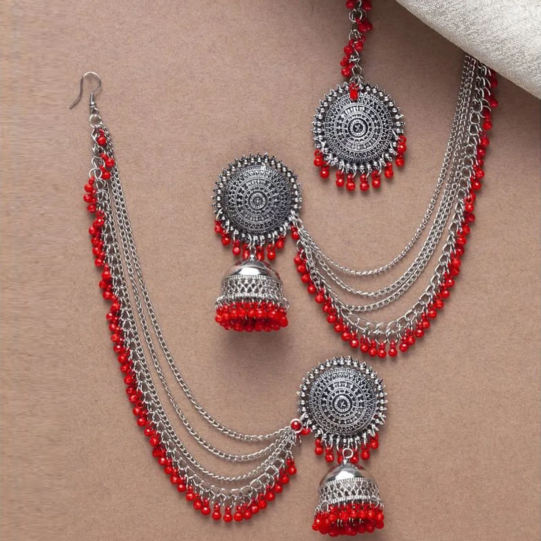 Pack of 2 Silver Red Blue Bahubali Jhumka With Maang Tikka