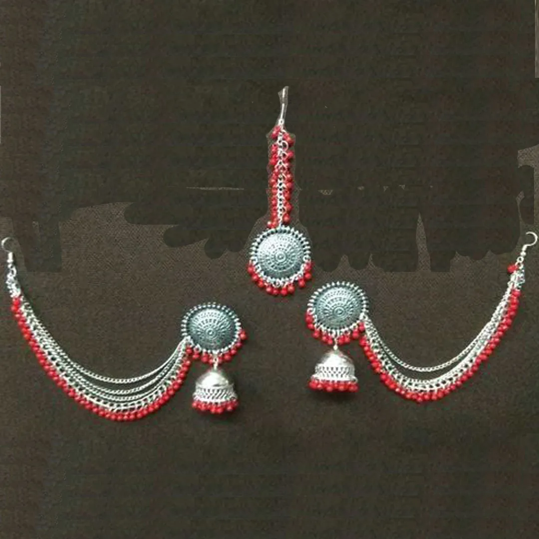 Pack of 2 Silver Red Blue Bahubali Jhumka With Maang Tikka